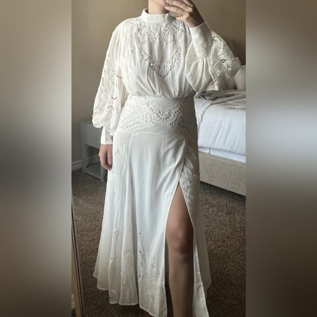 Asos Edition Size 12 High Neck Embroidered Midi Dress With Full Skirt Cream